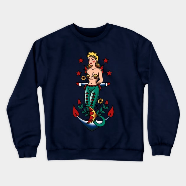 American Traditional Nautical Mermaid and Anchor Crewneck Sweatshirt by OldSalt